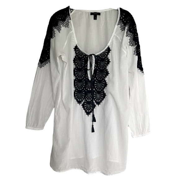 J. Crew White Boho Embroidered Tunic Top Size S Navy Crochet Resort Beach Blouse - Picture 1 of 8